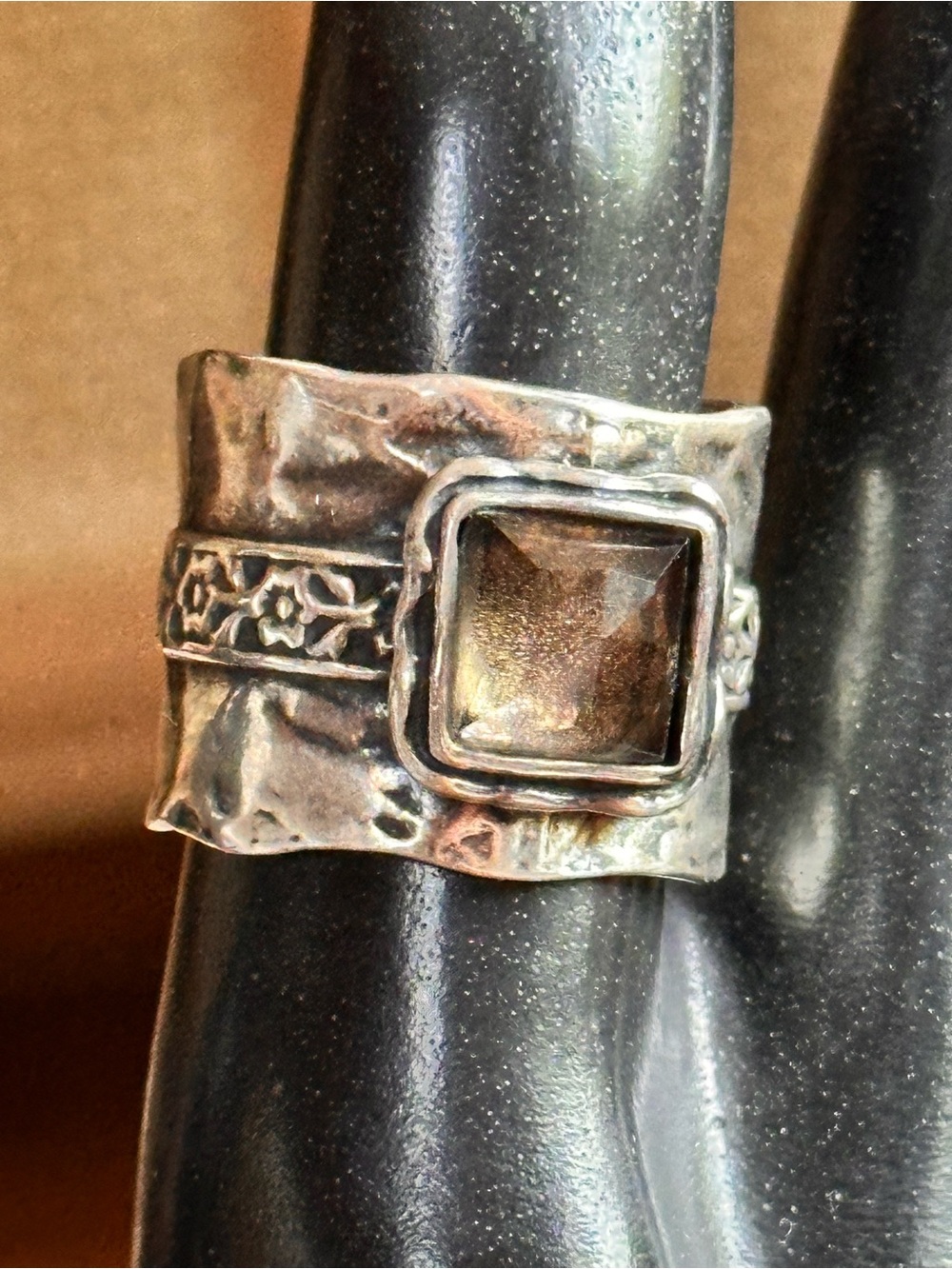 Handcrafted Sterling Silver Square Smoky Quartz Ring in Brown